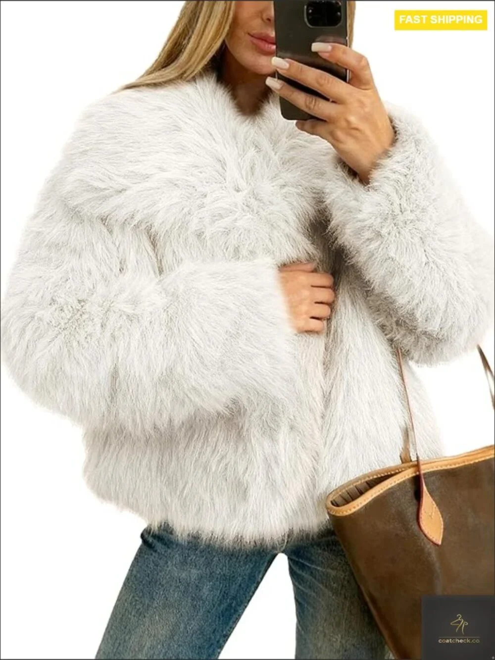 Faux Fur Cropped Jacket Elegant Lapel Collar Warm Shaggy Overcoat Chic Winter
